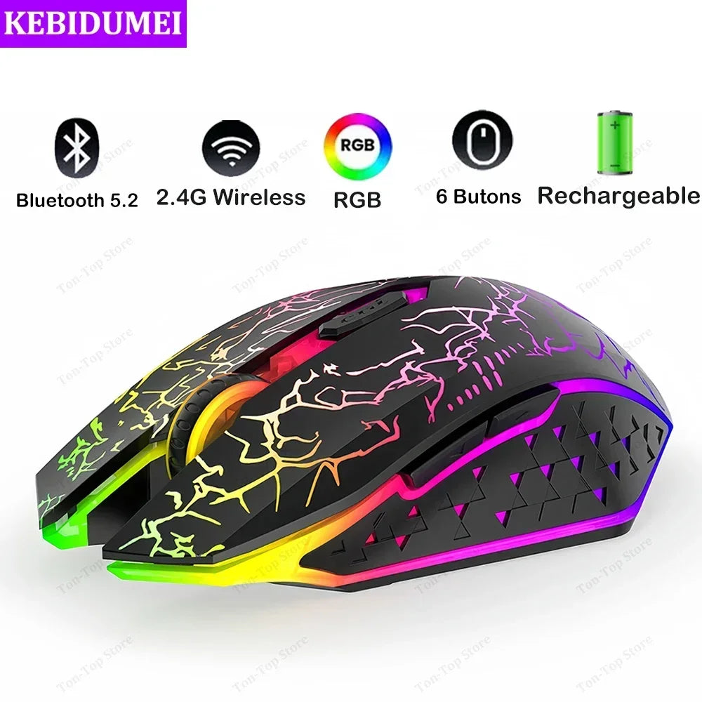Mouse Sem Fio Bluetooth 5.2 + 2.4GHz RGB – 6 Botoes, 1600 DPI e Recarregavel
