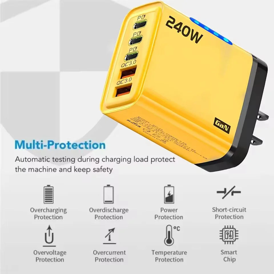 Carregador GaN 5 em 1 de Mesa 240W – USB-C, Carga Rapida e Multiplas Portas
