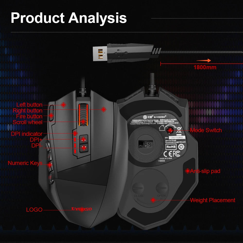 Mouse X-39 - USB 16400 DPI 18 Botões Programáveis (Tibia, Lol, Path of Exile, MMORPG, FPS)