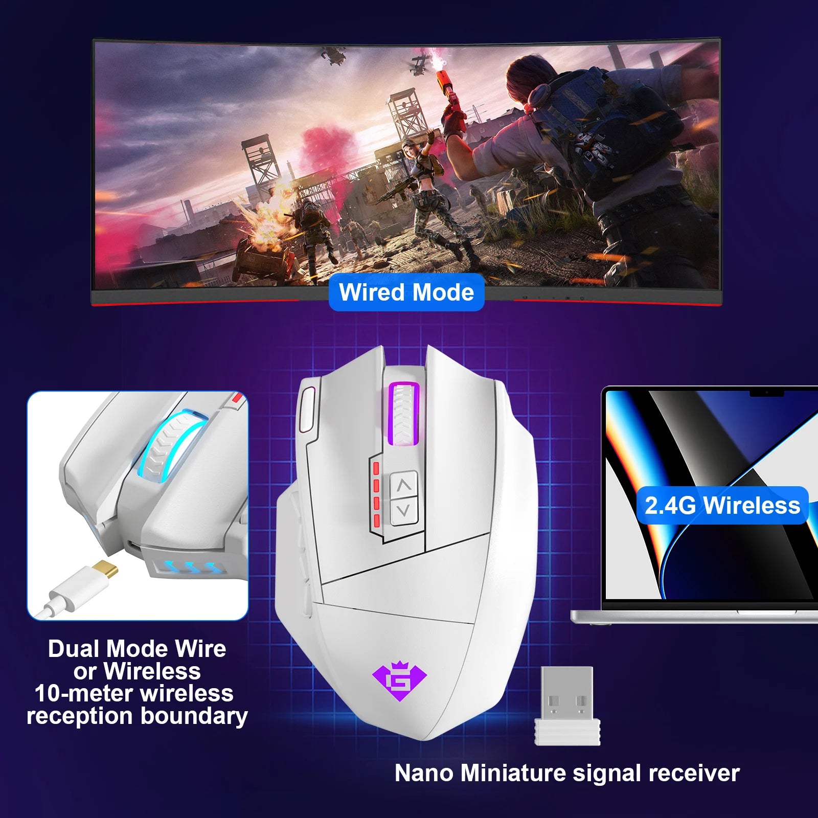Mouse X-33 Sem fio e USB 16000 DPI 18 Botões Programáveis (Tibia, Lol, Path of Exile, MMORPG, FPS)