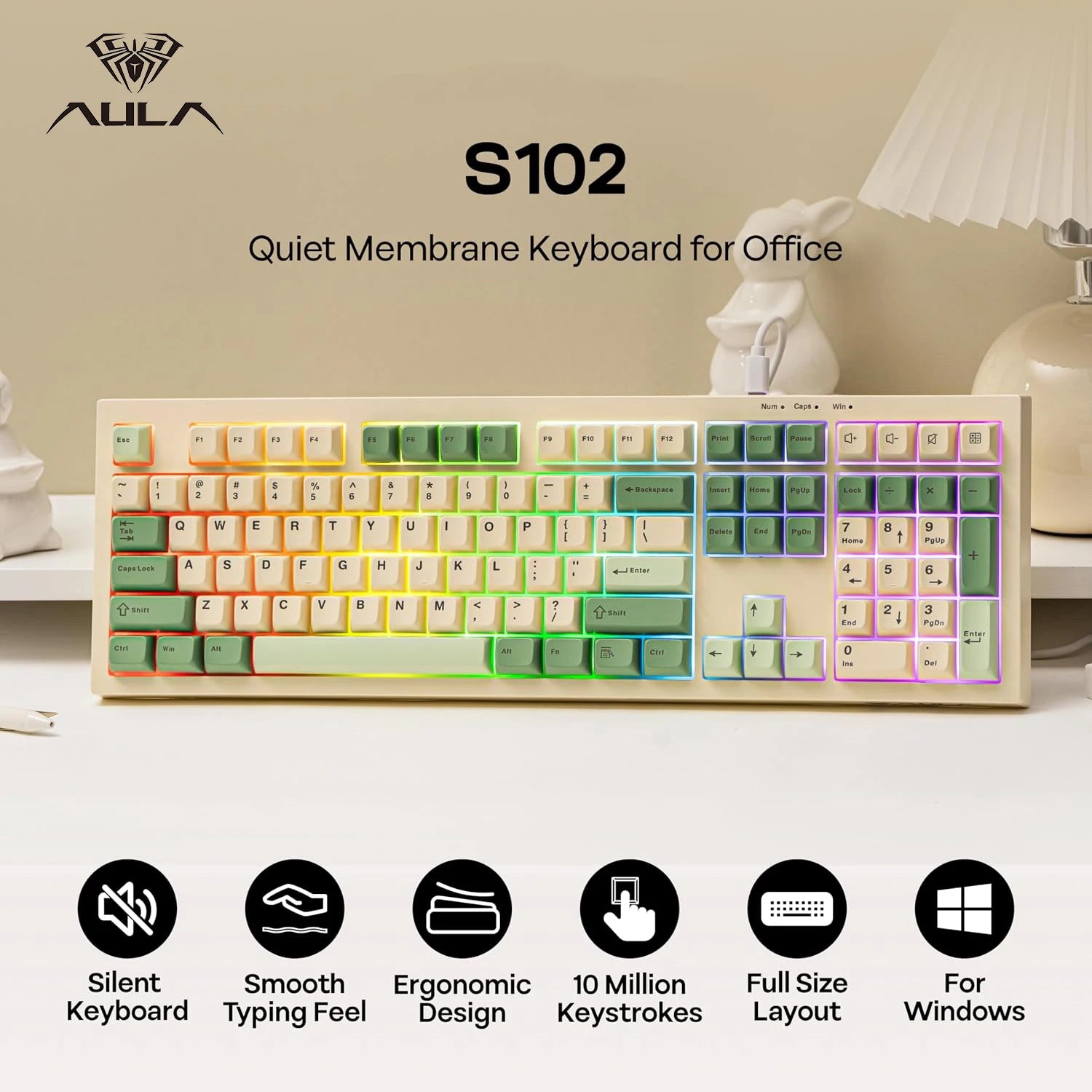 Teclado Gamer AULA S102 RGB – Full Size 108 Teclas, Silencioso e USB