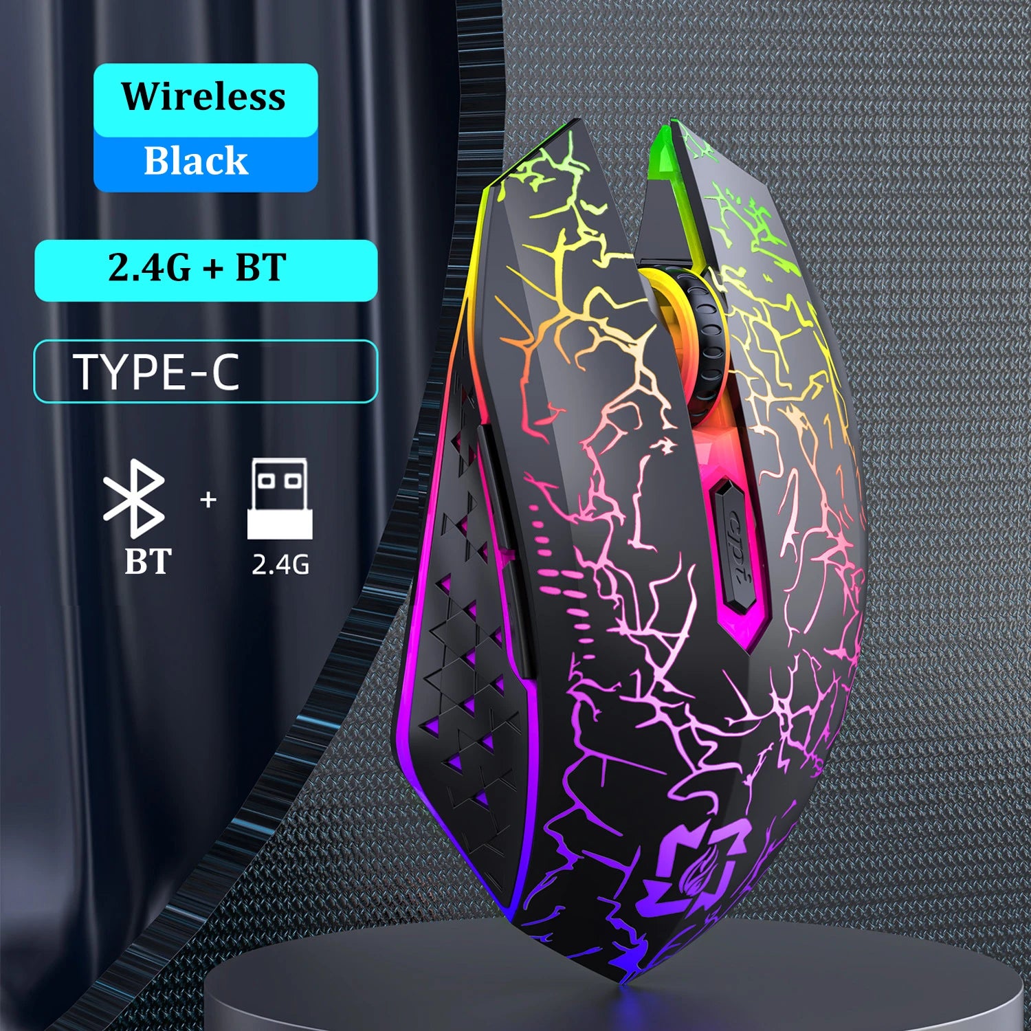 Mouse Sem Fio Bluetooth 5.2 + 2.4GHz RGB – 6 Botoes, 1600 DPI e Recarregavel
