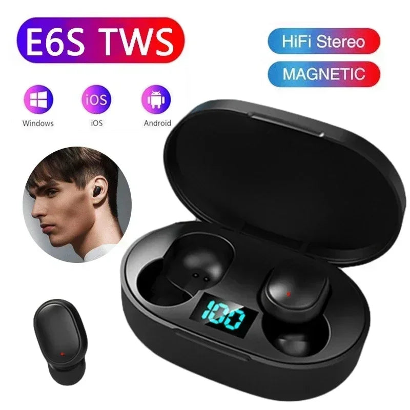Fone Bluetooth TWS E6S – Sem Fio, com Microfone e Estojo de Carregamento