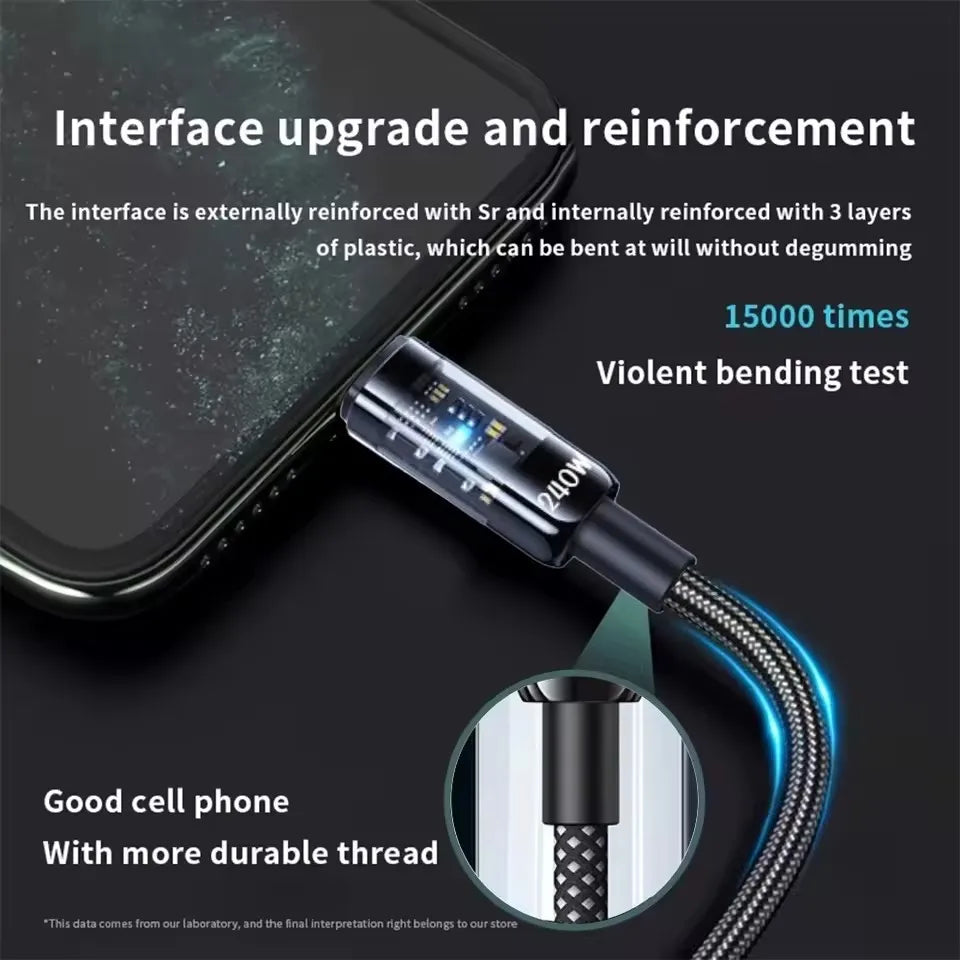 Cabo USB-C com Display Digital LED – Carga Rapida 5A e Nylon Reforcado