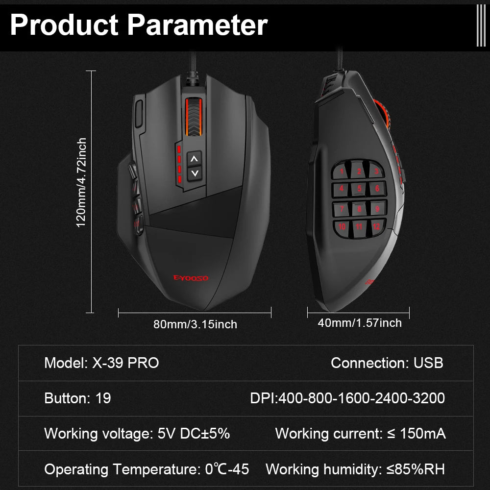Mouse X-39 - USB 16400 DPI 18 Botões Programáveis (Tibia, Lol, Path of Exile, MMORPG, FPS)