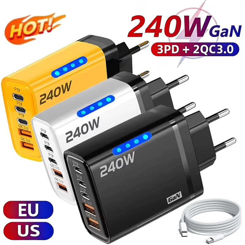 Carregador GaN 5 em 1 de Mesa 240W – USB-C, Carga Rapida e Multiplas Portas