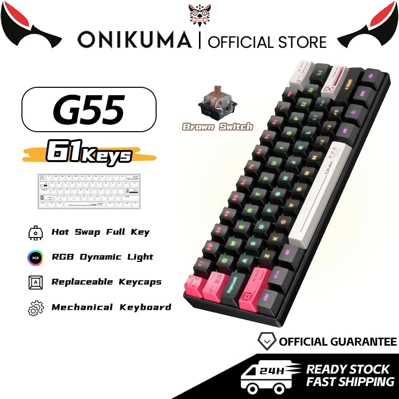 Teclado Mecânico Gamer ONIKUMA G55 – 61 Teclas, Brown Switch e RGB