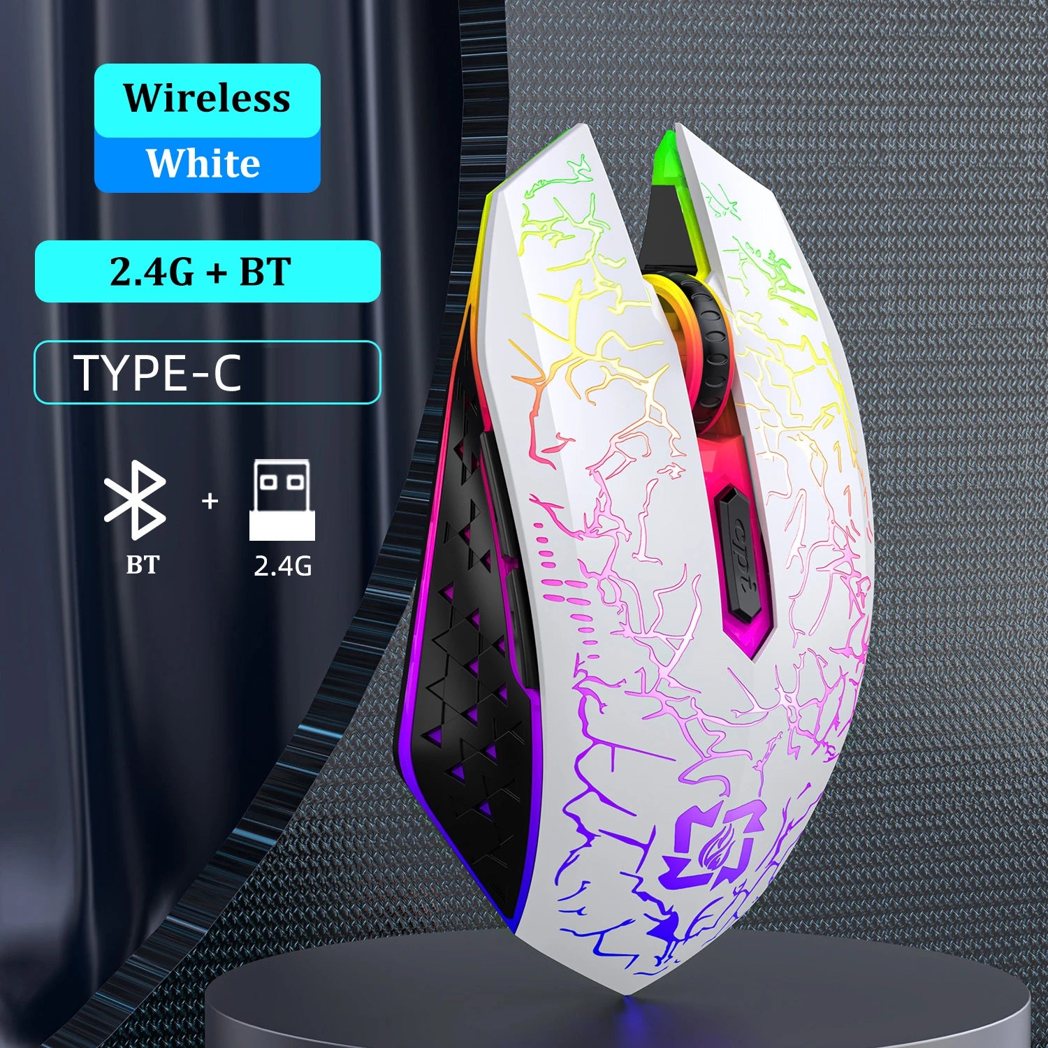 Mouse Sem Fio Bluetooth 5.2 + 2.4GHz RGB – 6 Botoes, 1600 DPI e Recarregavel