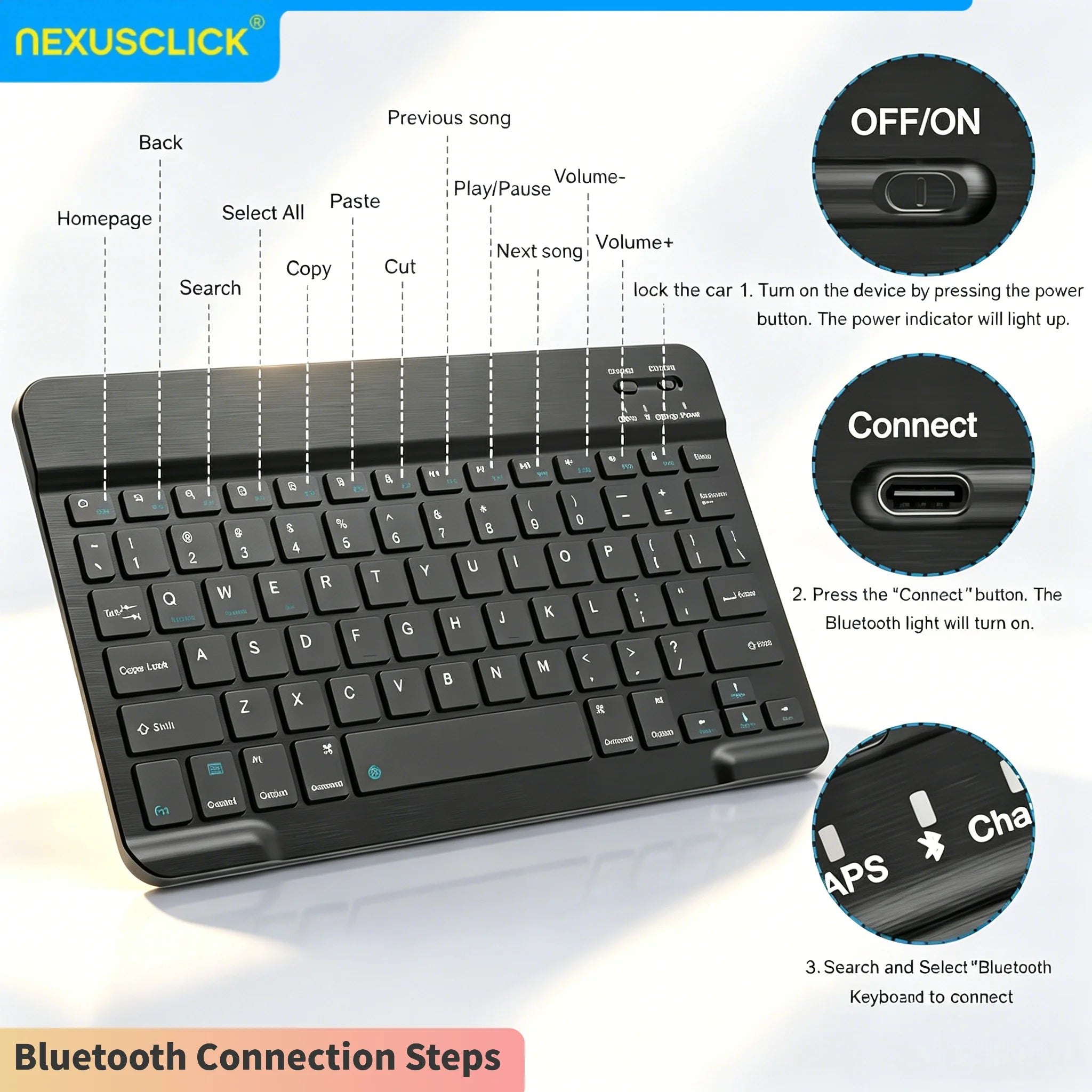 Teclado Bluetooth NexusClick Slim – Compacto e Recarregavel para Tablet, iPad e PC