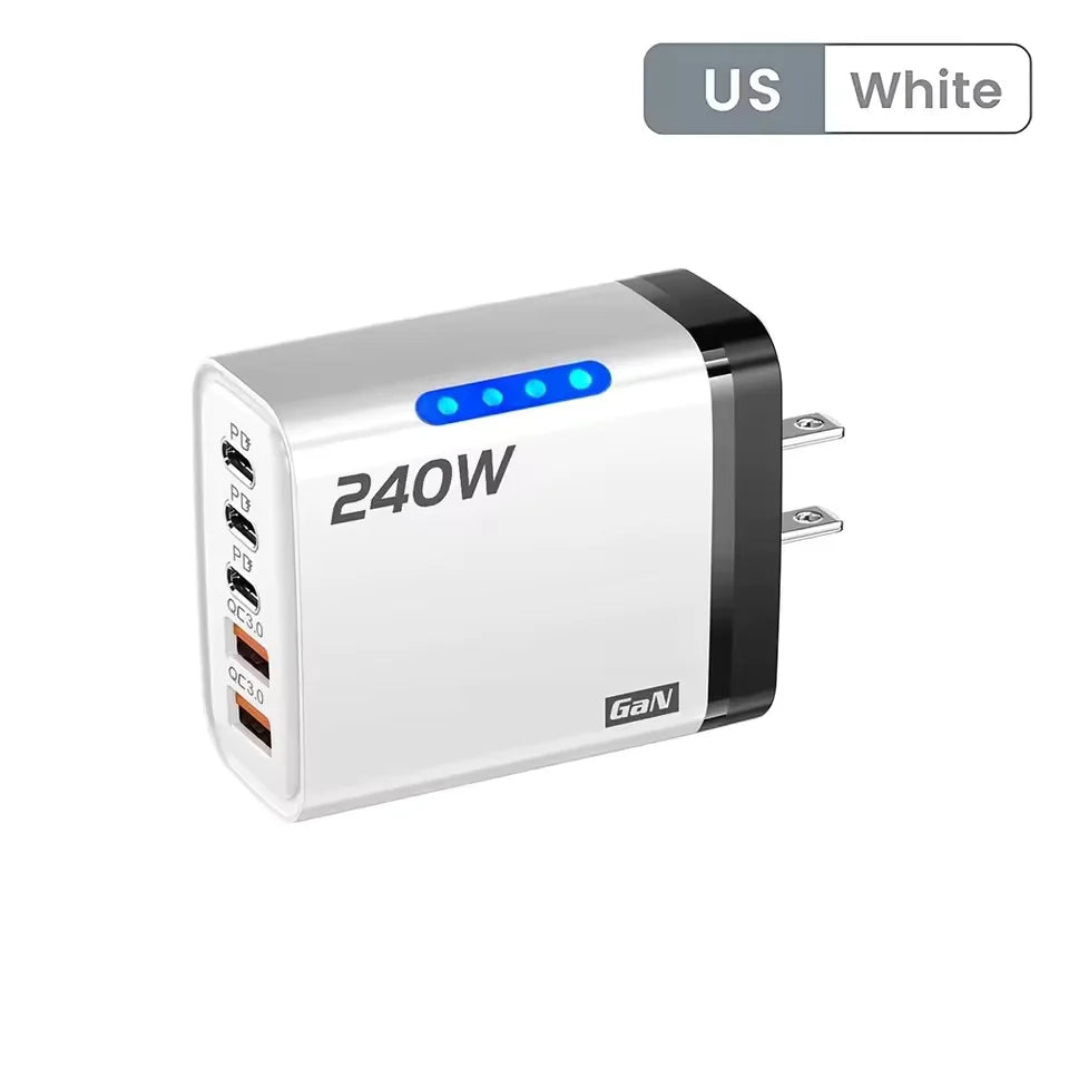 Carregador GaN 5 em 1 de Mesa 240W – USB-C, Carga Rapida e Multiplas Portas
