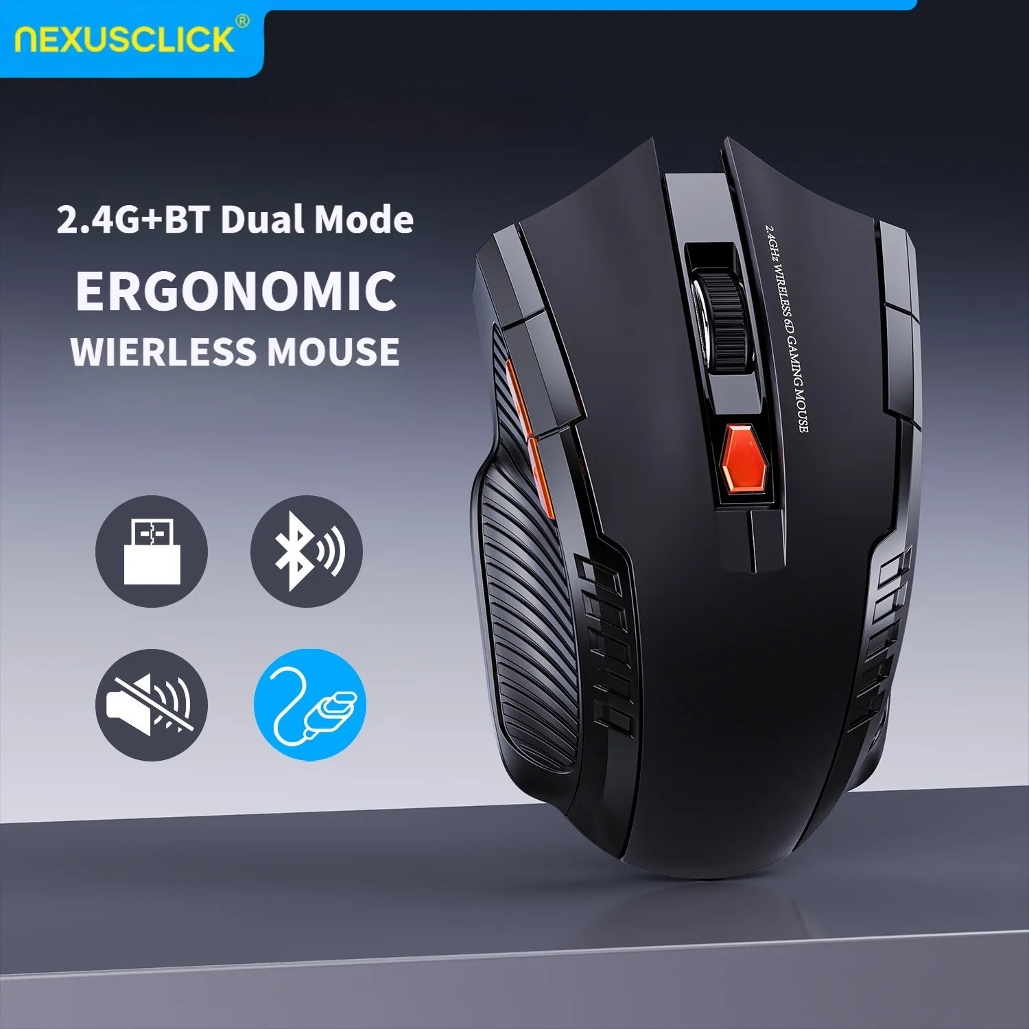 Mouse Sem Fio NexusClick 1600 DPI – 6 Botoes, Silencioso e Recarregavel
