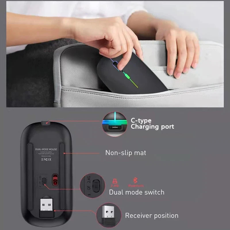 Mouse Sem Fio Bluetooth +  Recarregavel – RGB, Silencioso