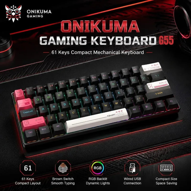 Teclado Mecânico Gamer ONIKUMA G55 – 61 Teclas, Brown Switch e RGB