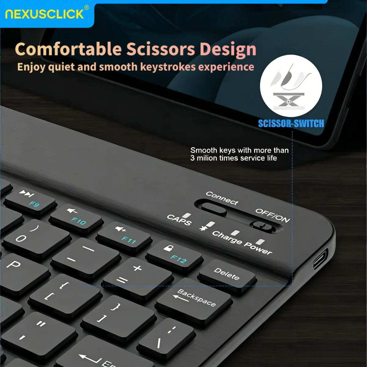 Teclado Bluetooth NexusClick Slim – Compacto e Recarregavel para Tablet, iPad e PC