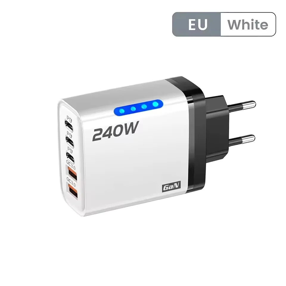 Carregador GaN 5 em 1 de Mesa 240W – USB-C, Carga Rapida e Multiplas Portas