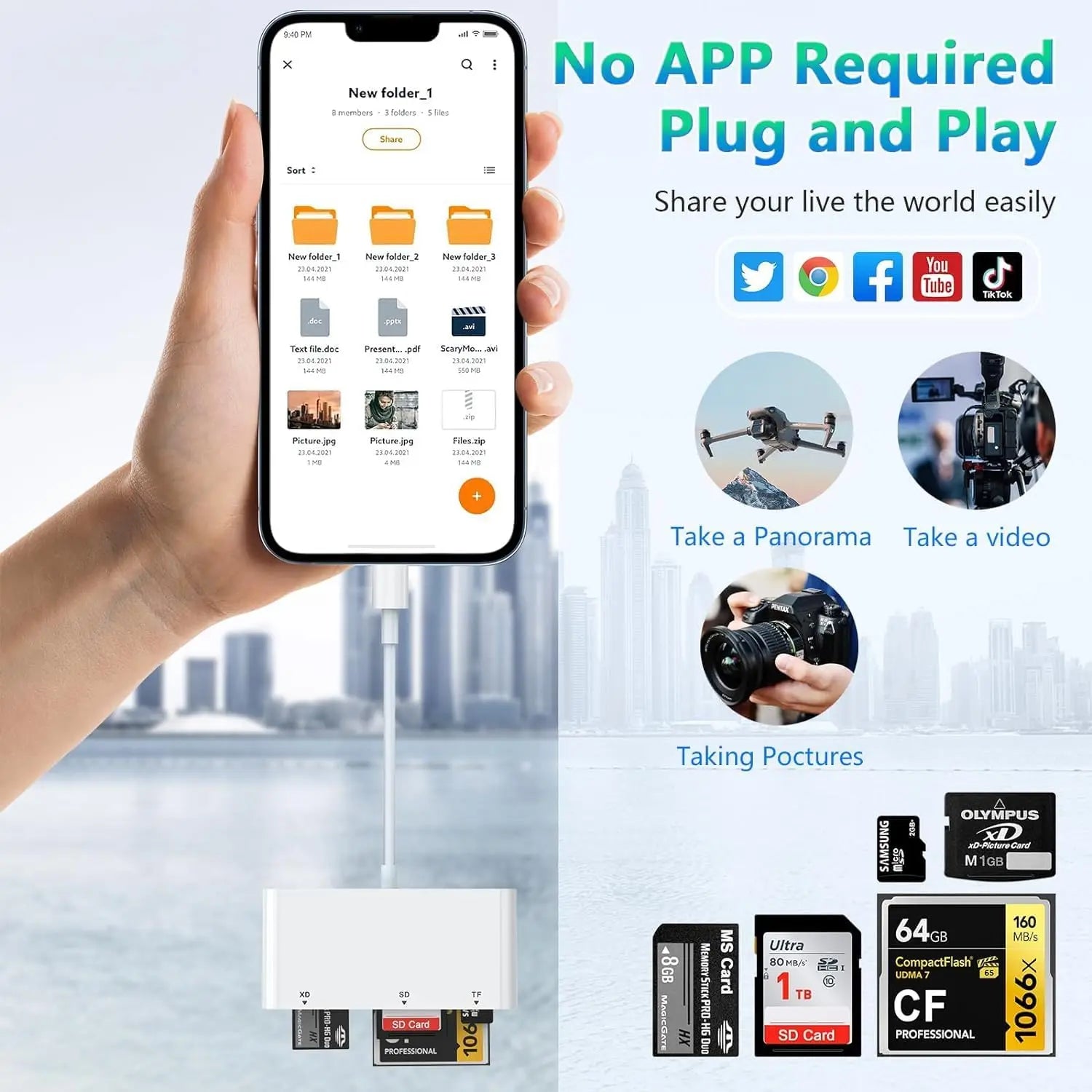 Leitor de Cartão 5 em 1 para iPhone e iPad Lightning – SD, Micro SD, CF, XD e MS